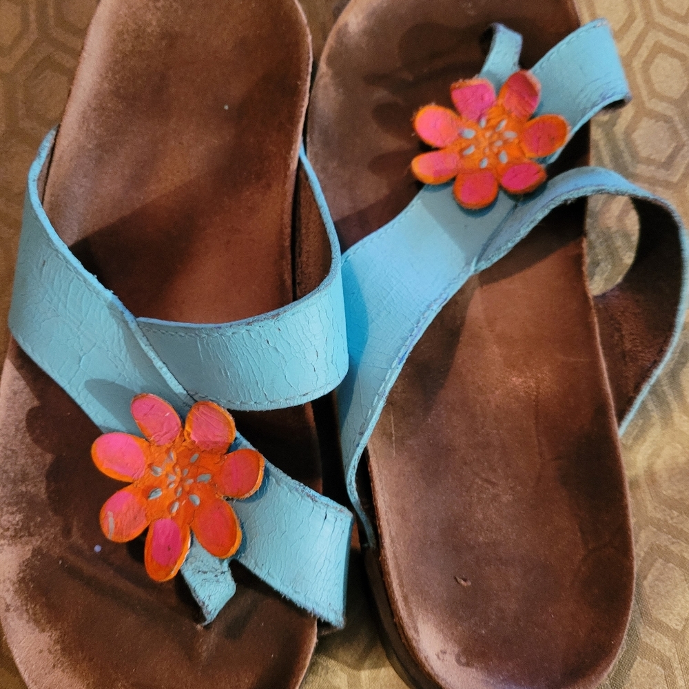 Blue Sandals with Pink Flower Accents